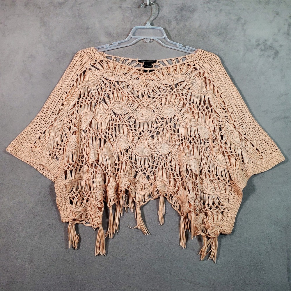 BCBGMAXAZRIA Crochet Poncho Women L Peach Tassel Fringe Boho Festival Coachella